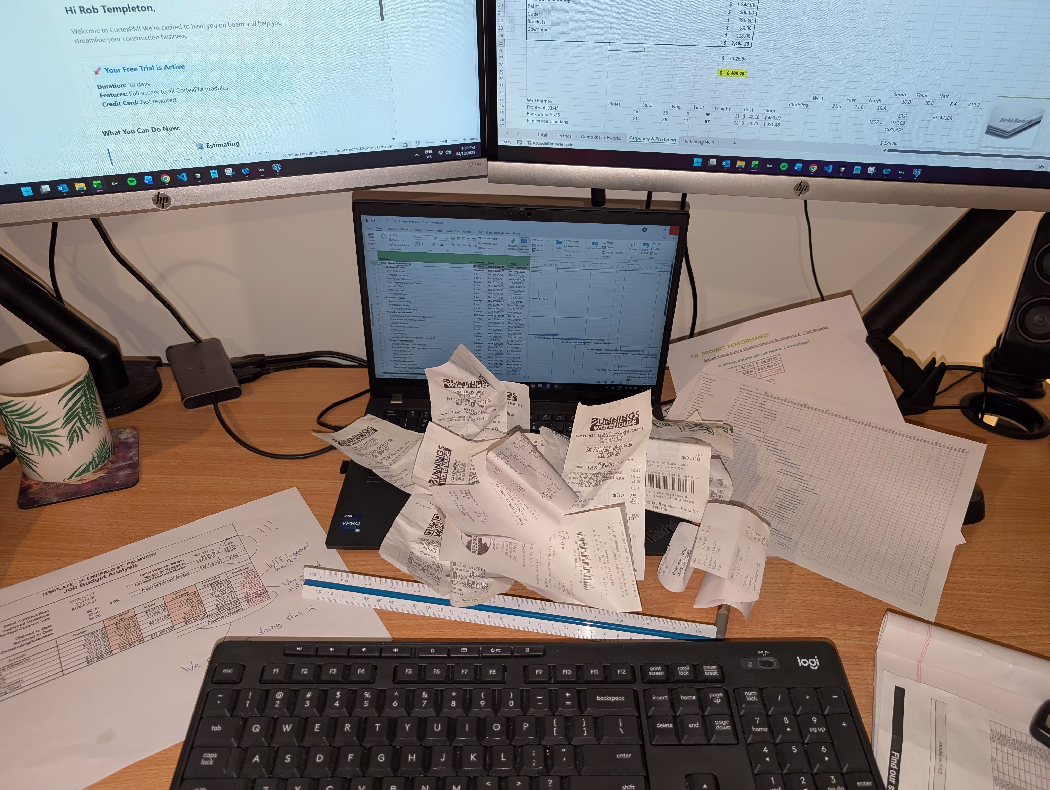 Chaotic desk with receipts and documents