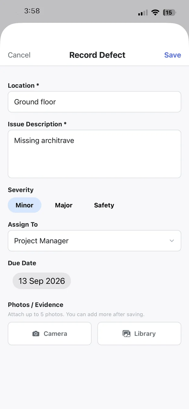 Recording a defect with location, severity, assignee and photos