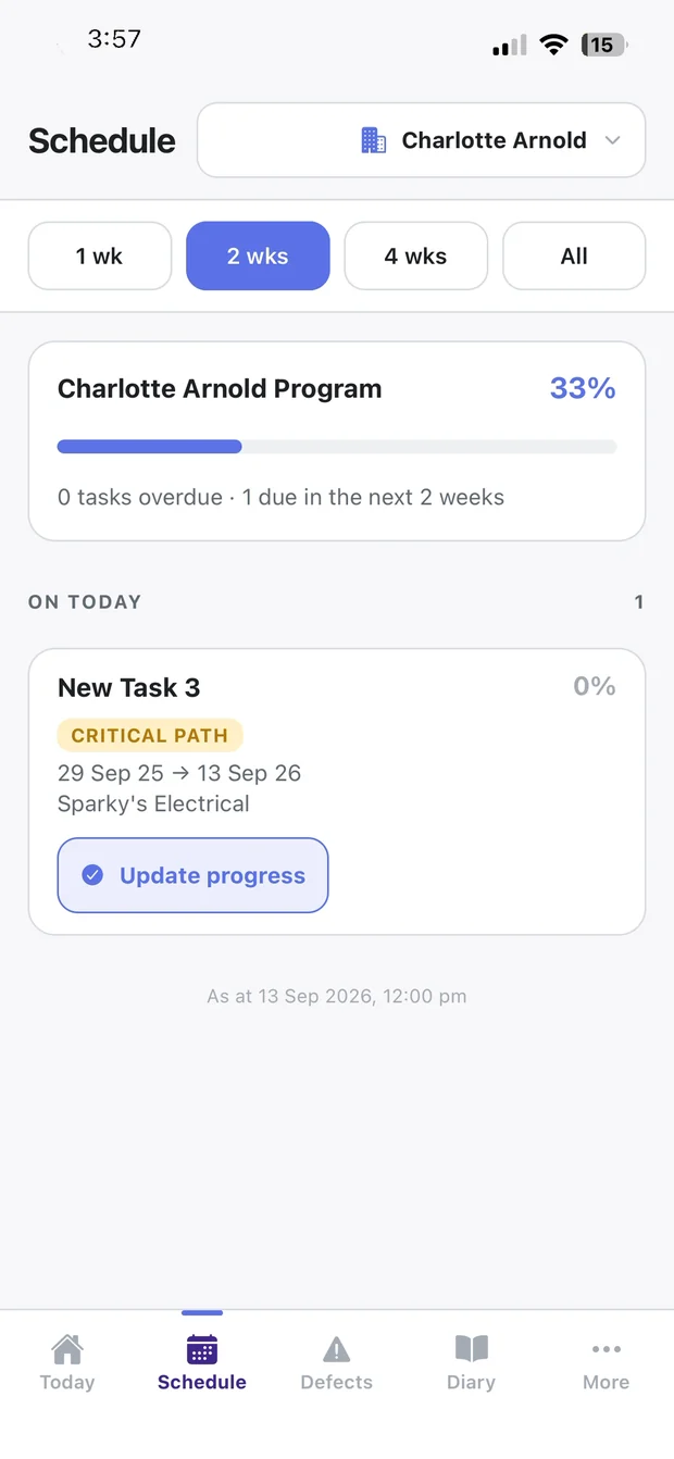 Program tasks on today with a critical path marker