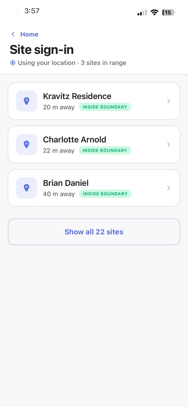 Site sign-in showing nearby jobs inside their boundaries