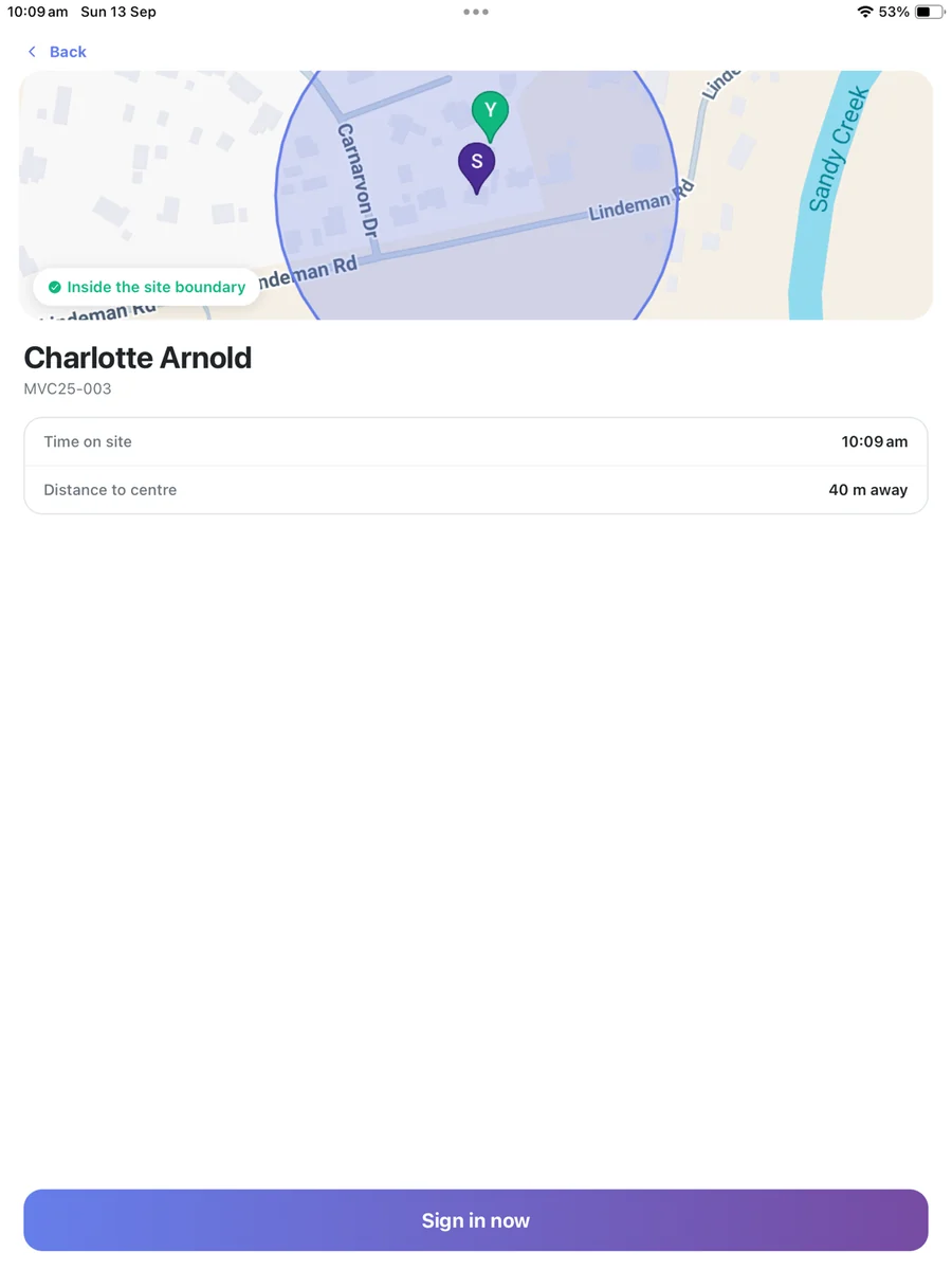 Signing in with the site boundary on the map and an inside-boundary status